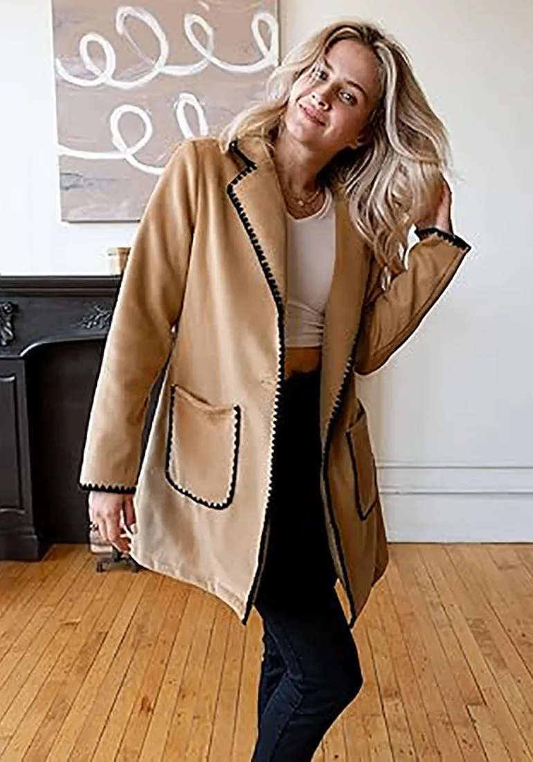 LUVAMIA Women Casual Lapel Long Sleeve Trench Coat Blazer Jacket Front Button No Stretch Front Pocket