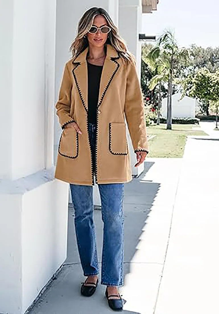 LUVAMIA Women Casual Lapel Long Sleeve Trench Coat Blazer Jacket Front Button No Stretch Front Pocket