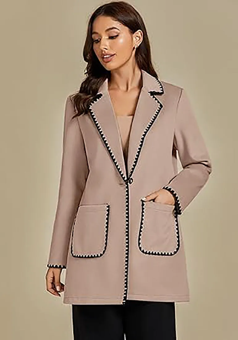 LUVAMIA Women Casual Lapel Long Sleeve Trench Coat Blazer Jacket Front Button No Stretch Front Pocket