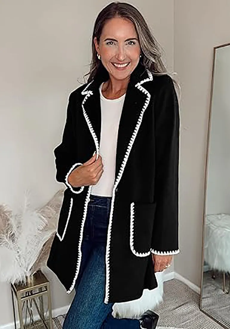 LUVAMIA Women Casual Lapel Long Sleeve Trench Coat Blazer Jacket Front Button No Stretch Front Pocket
