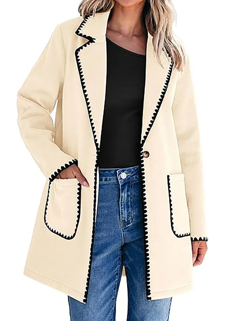 LUVAMIA Women Casual Lapel Long Sleeve Trench Coat Blazer Jacket Front Button No Stretch Front Pocket