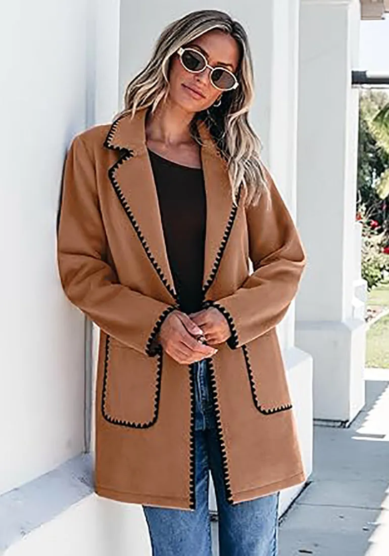 LUVAMIA Women Casual Lapel Long Sleeve Trench Coat Blazer Jacket Front Button No Stretch Front Pocket