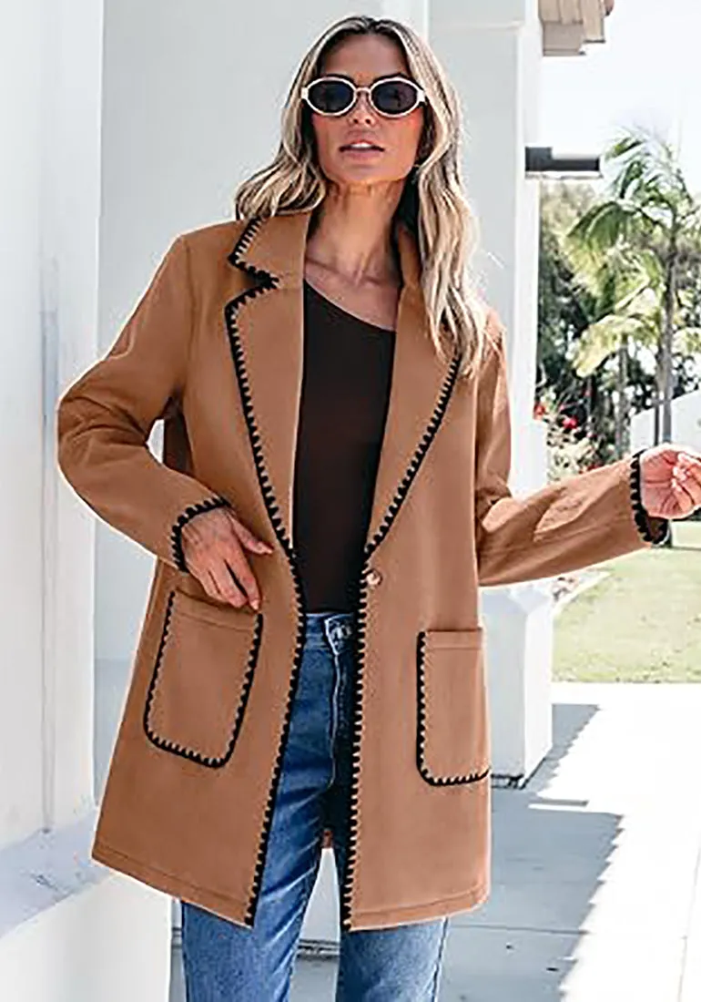 LUVAMIA Women Casual Lapel Long Sleeve Trench Coat Blazer Jacket Front Button No Stretch Front Pocket