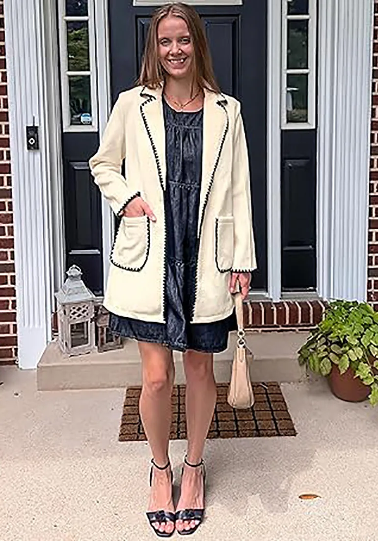 LUVAMIA Women Casual Lapel Long Sleeve Trench Coat Blazer Jacket Front Button No Stretch Front Pocket