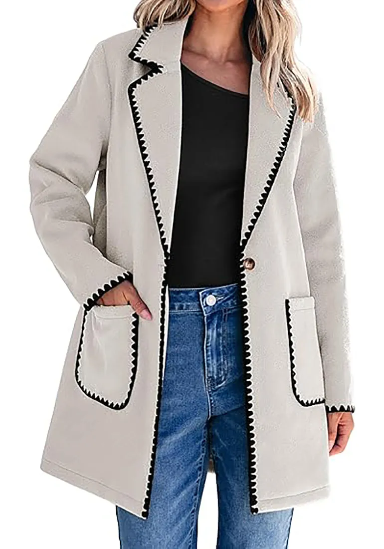 LUVAMIA Women Casual Lapel Long Sleeve Trench Coat Blazer Jacket Front Button No Stretch Front Pocket