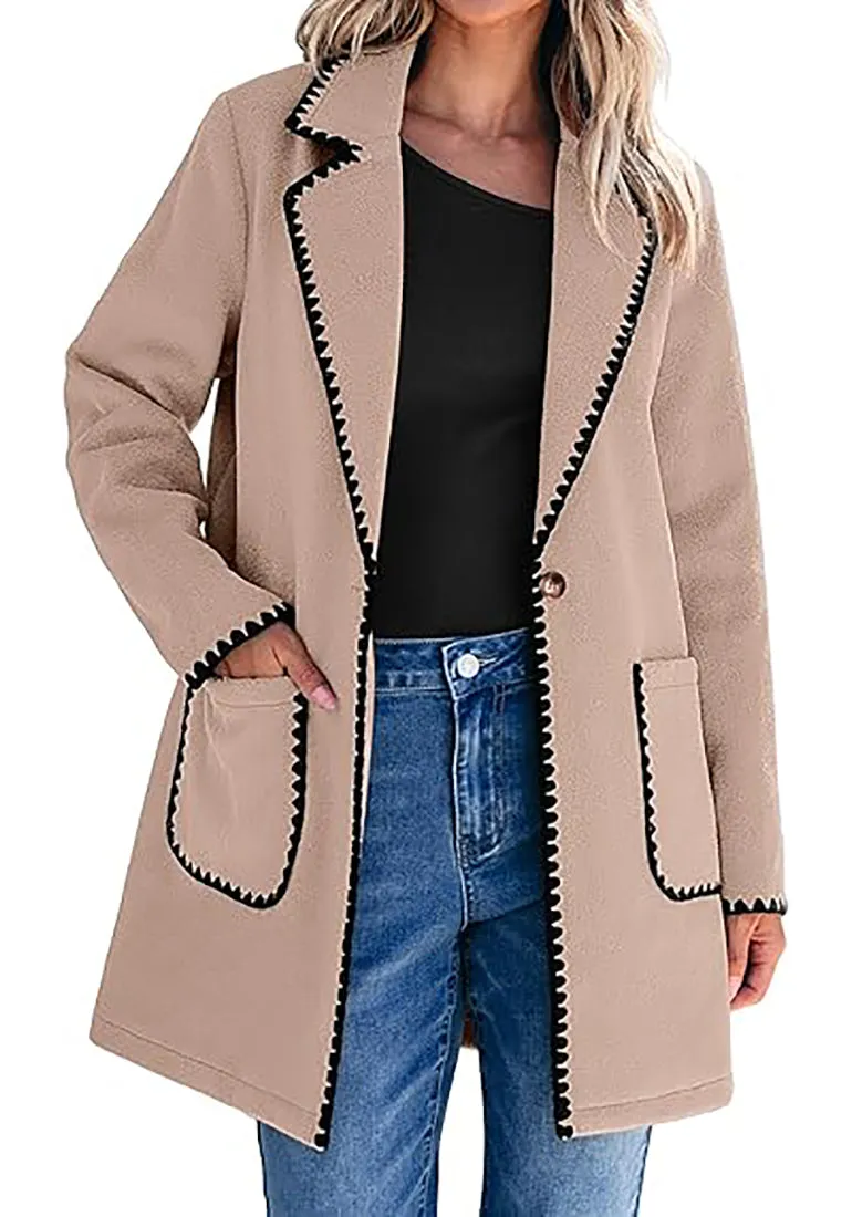 LUVAMIA Women Casual Lapel Long Sleeve Trench Coat Blazer Jacket Front Button No Stretch Front Pocket
