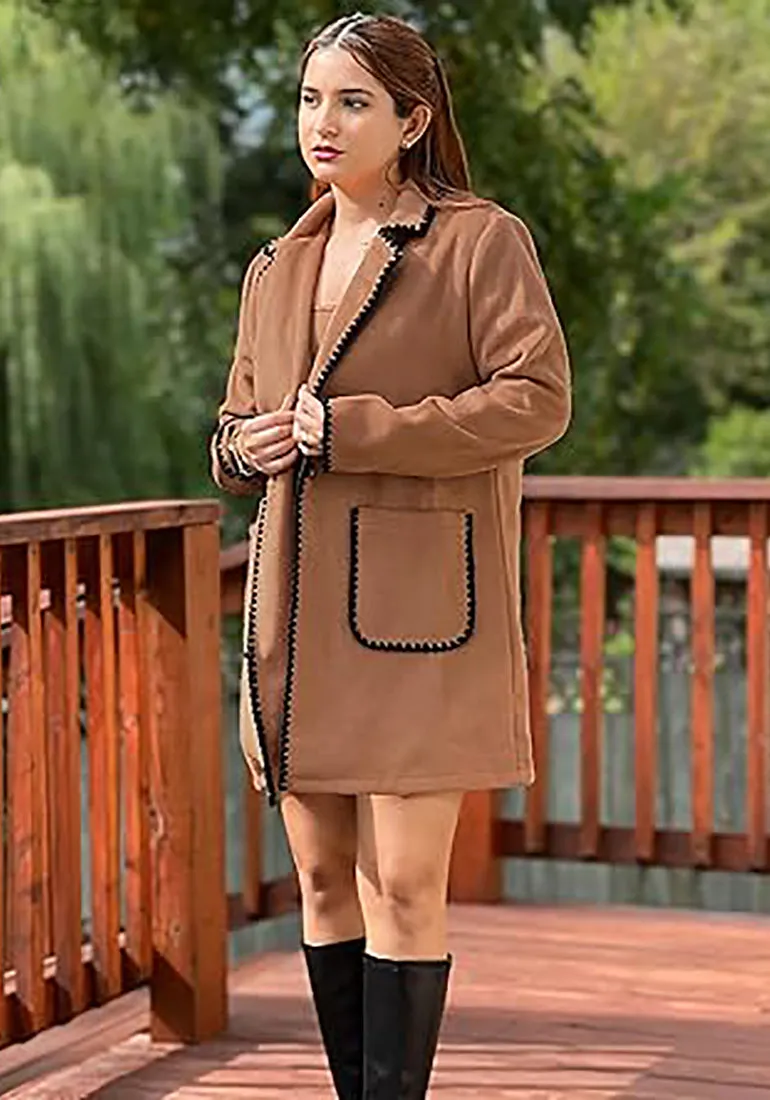 LUVAMIA Women Casual Lapel Long Sleeve Trench Coat Blazer Jacket Front Button No Stretch Front Pocket