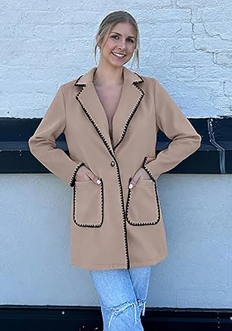 LUVAMIA Women Casual Lapel Long Sleeve Trench Coat Blazer Jacket Front Button No Stretch Front Pocket