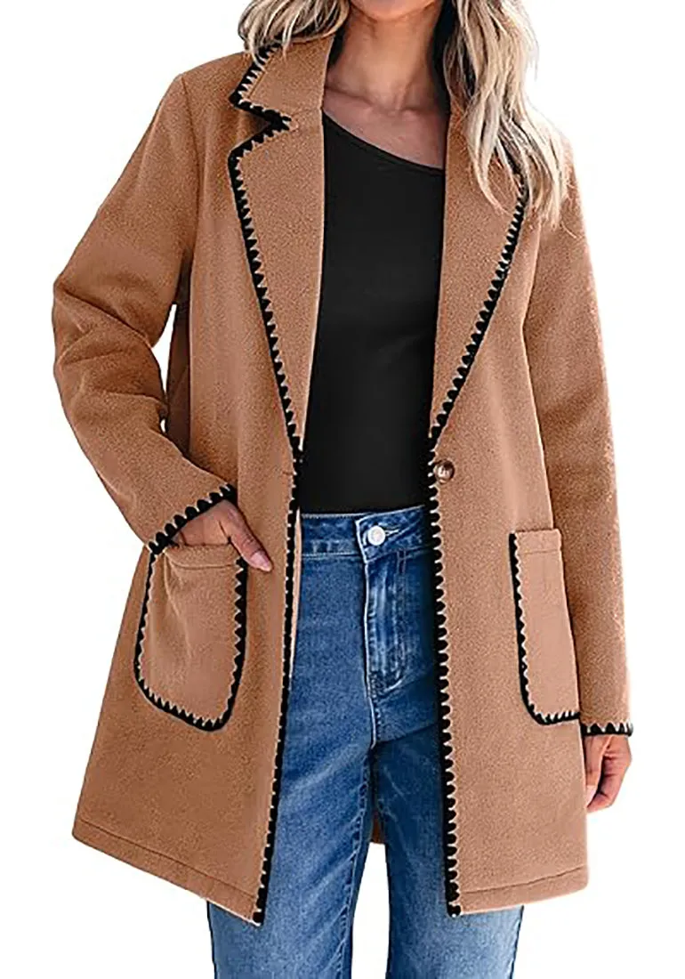 LUVAMIA Women Casual Lapel Long Sleeve Trench Coat Blazer Jacket Front Button No Stretch Front Pocket