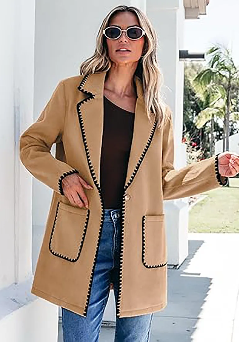 LUVAMIA Women Casual Lapel Long Sleeve Trench Coat Blazer Jacket Front Button No Stretch Front Pocket