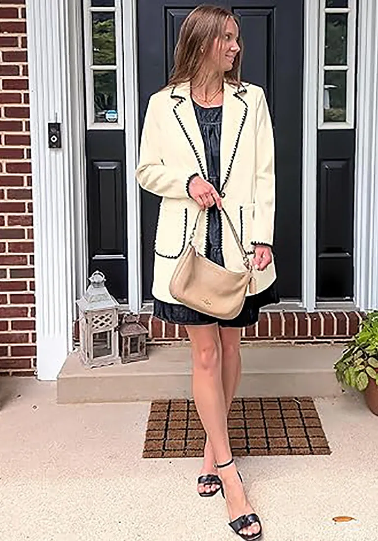 LUVAMIA Women Casual Lapel Long Sleeve Trench Coat Blazer Jacket Front Button No Stretch Front Pocket