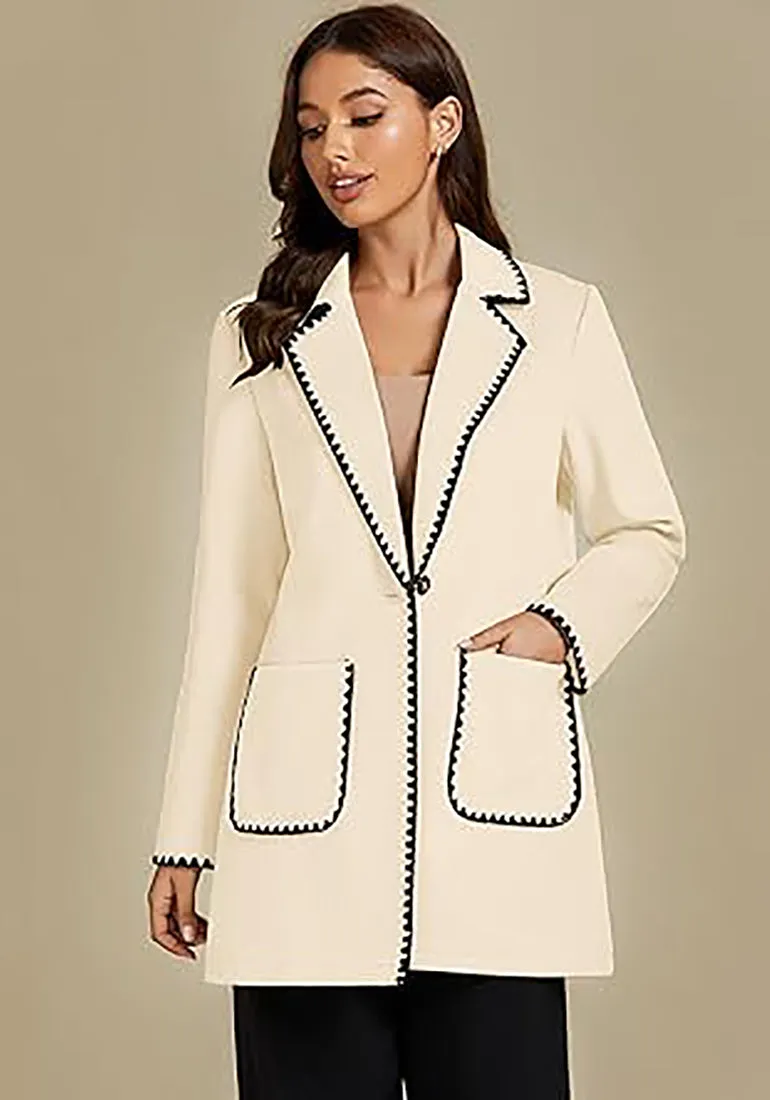 LUVAMIA Women Casual Lapel Long Sleeve Trench Coat Blazer Jacket Front Button No Stretch Front Pocket