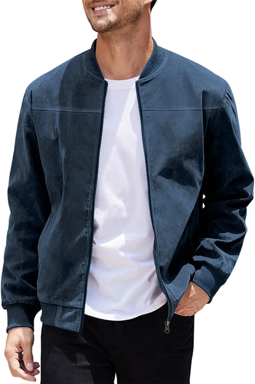 Mens Lightweight Jacket Flight Bomber Jacket Suede Full Zip Casual Softshell Jacket Outwear Pockets Thin Windbreaker