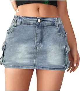 Mini Skirts for Women 2025 Solid Color Stretchy Low Waist Denim Skirt Lightweight 2025 Y2K Jean Bottoms with Pockets