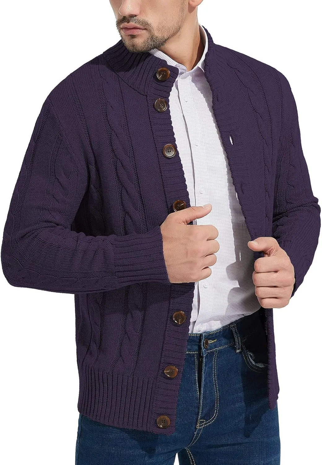 NITAGUT Mens Long Sleeve Stand Collar Cardigan Sweaters Button Down Cable Knitted Sweater
