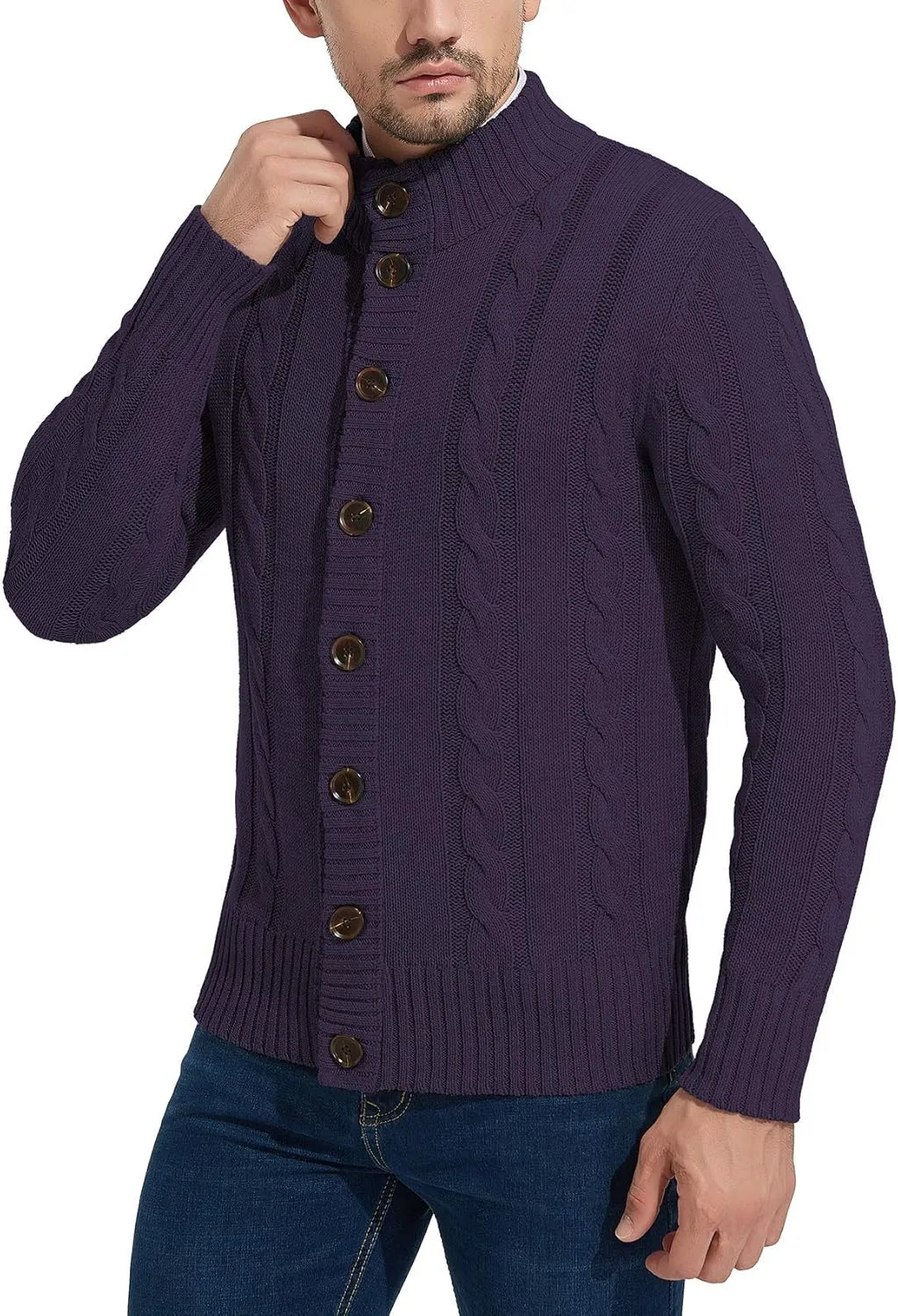 NITAGUT Mens Long Sleeve Stand Collar Cardigan Sweaters Button Down Cable Knitted Sweater