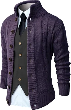 NITAGUT Mens Long Sleeve Stand Collar Cardigan Sweaters Button Down Cable Knitted Sweater