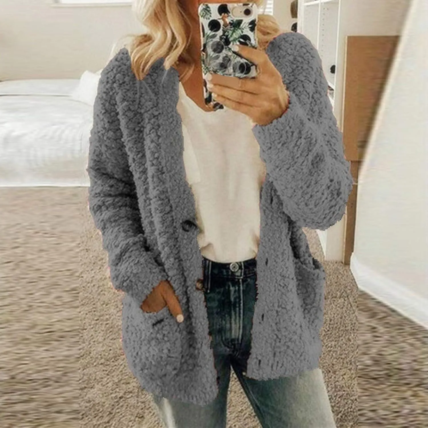 Oversized Warm Winter Coats Plus Size Warm Coat Lapel Double-Breasted Daily Outercoat with Flufff Coat with Pockets