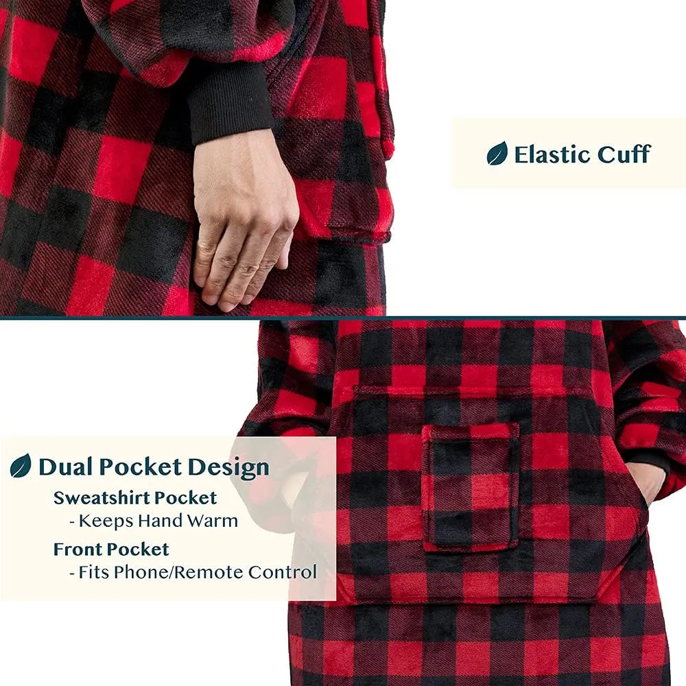 PAVILIA Sherpa Wearable Blanket Hoodie Women Men, Oversized Hoodie Sweatshirt Blanket, Thick Sweater Blanket Neck Warmer, Fleece Hug Sleep Pod Adult, Cozy Warm Plush Gift Idea Mom Wife, Checker Red