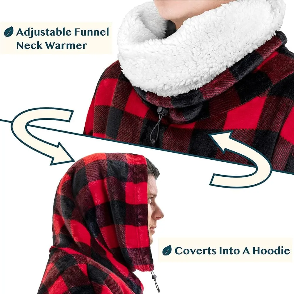 PAVILIA Sherpa Wearable Blanket Hoodie Women Men, Oversized Hoodie Sweatshirt Blanket, Thick Sweater Blanket Neck Warmer, Fleece Hug Sleep Pod Adult, Cozy Warm Plush Gift Idea Mom Wife, Checker Red