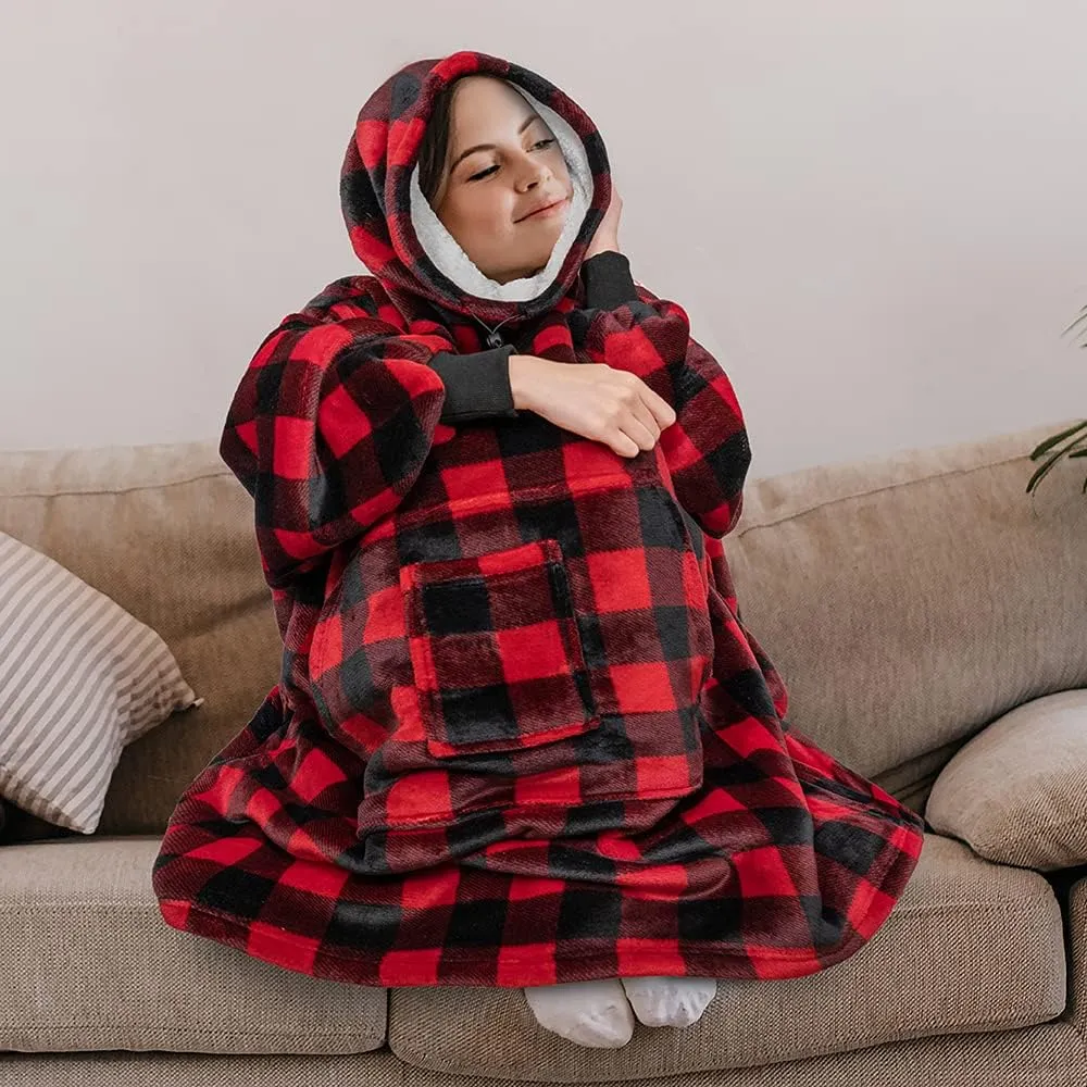 PAVILIA Sherpa Wearable Blanket Hoodie Women Men, Oversized Hoodie Sweatshirt Blanket, Thick Sweater Blanket Neck Warmer, Fleece Hug Sleep Pod Adult, Cozy Warm Plush Gift Idea Mom Wife, Checker Red
