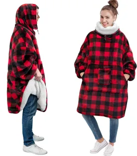 PAVILIA Sherpa Wearable Blanket Hoodie Women Men, Oversized Hoodie Sweatshirt Blanket, Thick Sweater Blanket Neck Warmer, Fleece Hug Sleep Pod Adult, Cozy Warm Plush Gift Idea Mom Wife, Checker Red