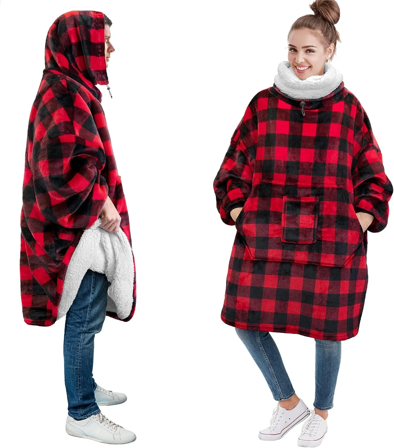 PAVILIA Sherpa Wearable Blanket Hoodie Women Men, Oversized Hoodie Sweatshirt Blanket, Thick Sweater Blanket Neck Warmer, Fleece Hug Sleep Pod Adult, Cozy Warm Plush Gift Idea Mom Wife, Checker Red
