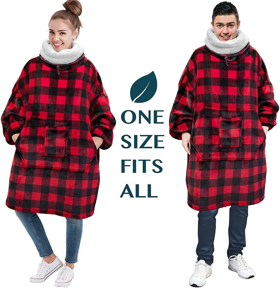 PAVILIA Sherpa Wearable Blanket Hoodie Women Men, Oversized Hoodie Sweatshirt Blanket, Thick Sweater Blanket Neck Warmer, Fleece Hug Sleep Pod Adult, Cozy Warm Plush Gift Idea Mom Wife, Checker Red