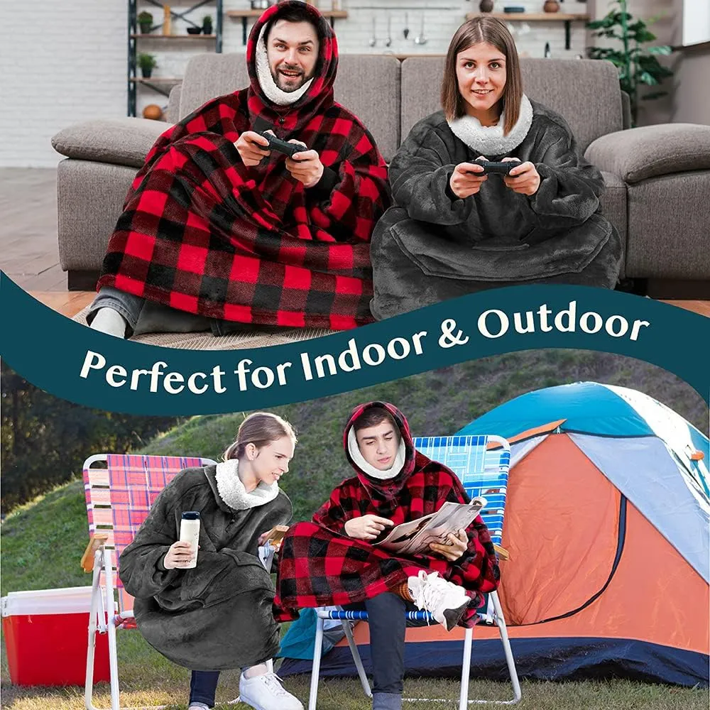 PAVILIA Sherpa Wearable Blanket Hoodie Women Men, Oversized Hoodie Sweatshirt Blanket, Thick Sweater Blanket Neck Warmer, Fleece Hug Sleep Pod Adult, Cozy Warm Plush Gift Idea Mom Wife, Checker Red