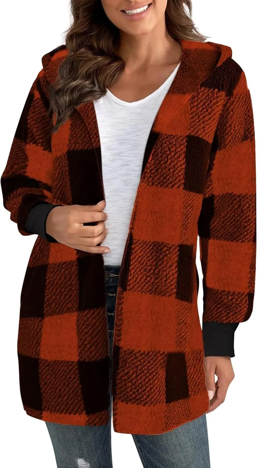 Plaid Shacket Women Sherpa Jacket Open Front Long Sleeve Hooded Cardigan Sweaters Casual Fall Fuzzy Teddy Bear Coat