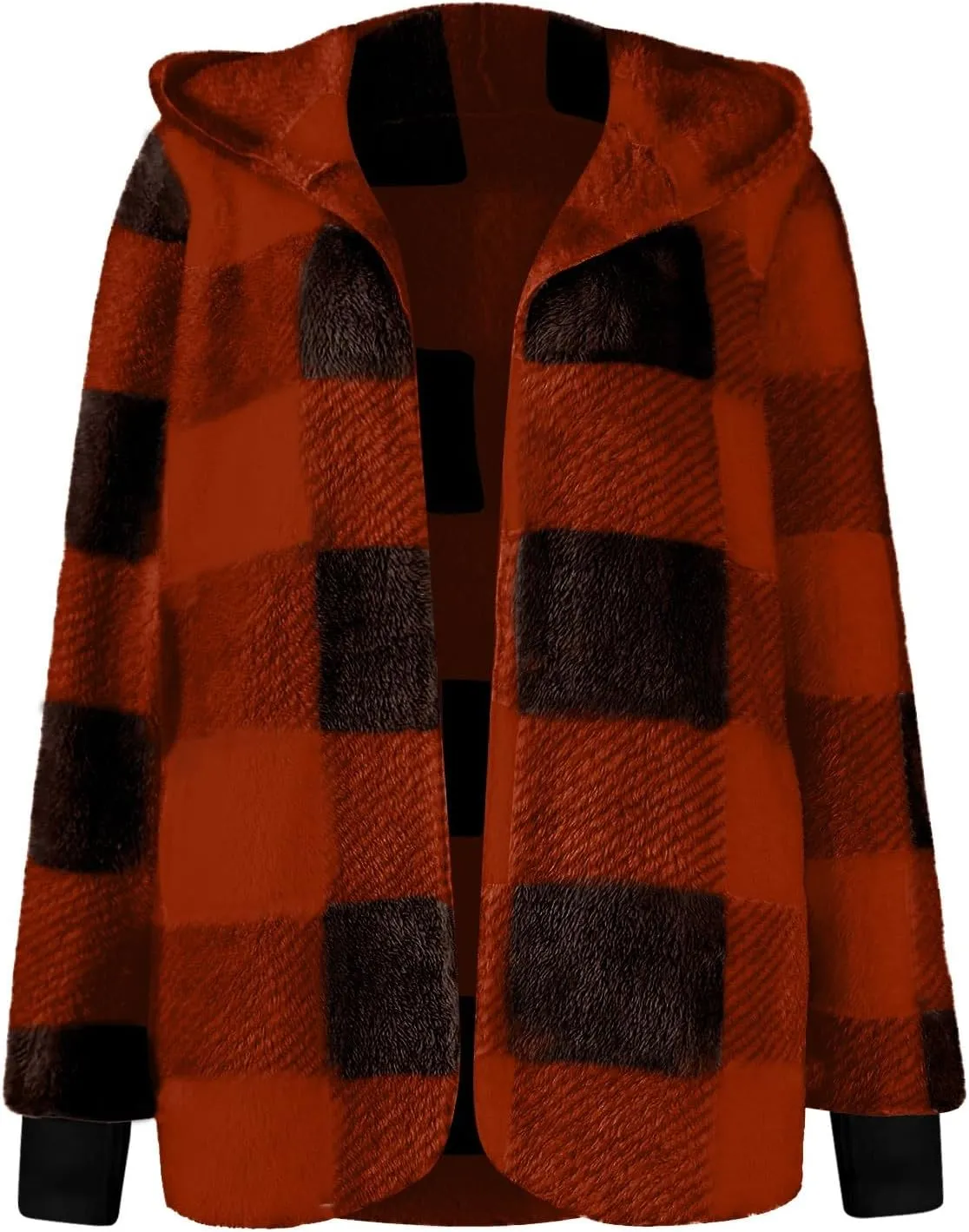 Plaid Shacket Women Sherpa Jacket Open Front Long Sleeve Hooded Cardigan Sweaters Casual Fall Fuzzy Teddy Bear Coat