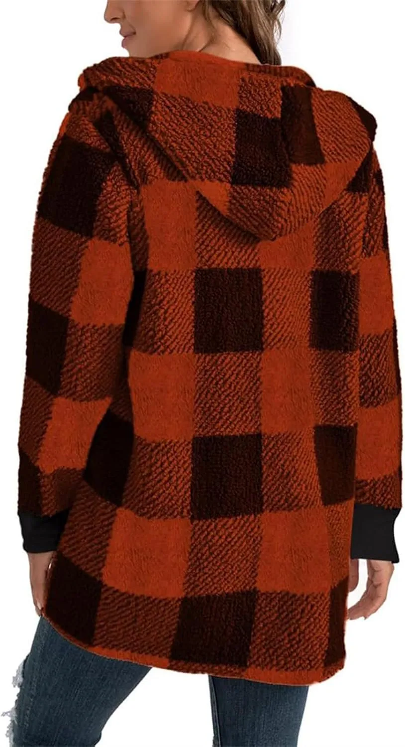 Plaid Shacket Women Sherpa Jacket Open Front Long Sleeve Hooded Cardigan Sweaters Casual Fall Fuzzy Teddy Bear Coat