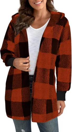 Plaid Shacket Women Sherpa Jacket Open Front Long Sleeve Hooded Cardigan Sweaters Casual Fall Fuzzy Teddy Bear Coat