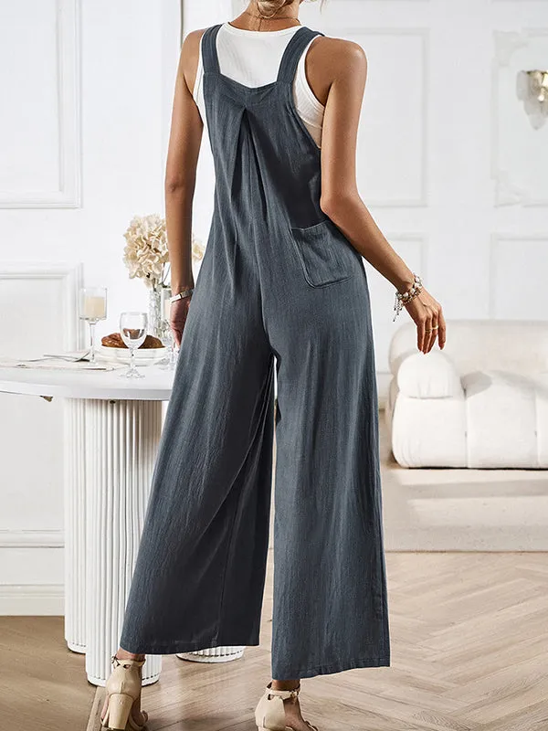 Pleated Pockets Split-Joint Loose Sleeveless Spaghetti-Neck Overalls