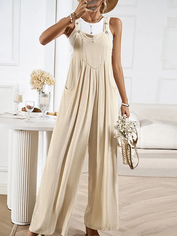 Pleated Pockets Split-Joint Loose Sleeveless Spaghetti-Neck Overalls