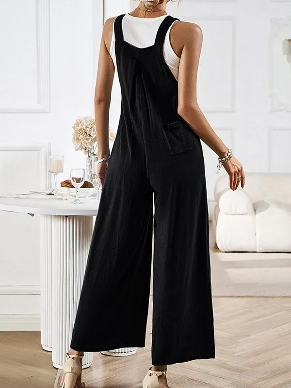 Pleated Pockets Split-Joint Loose Sleeveless Spaghetti-Neck Overalls