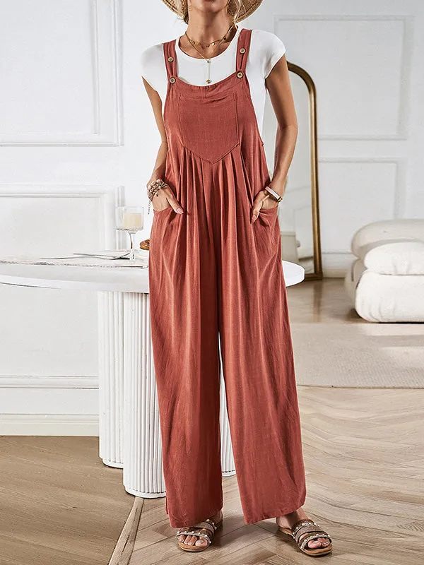 Pleated Pockets Split-Joint Loose Sleeveless Spaghetti-Neck Overalls