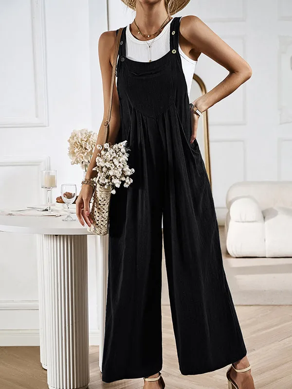 Pleated Pockets Split-Joint Loose Sleeveless Spaghetti-Neck Overalls