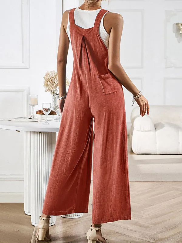Pleated Pockets Split-Joint Loose Sleeveless Spaghetti-Neck Overalls