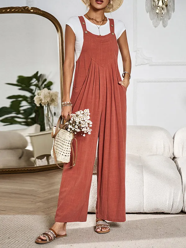 Pleated Pockets Split-Joint Loose Sleeveless Spaghetti-Neck Overalls
