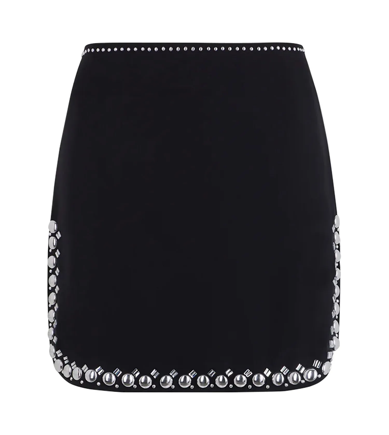 RABANNE Satin Mini Skirt in Black with Silver Details