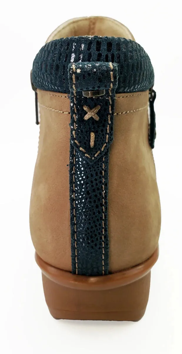 Revere Plymouth Women's Twin Zip Wedge Ankle Booties In Toffee Nubuck/Navy Lizard