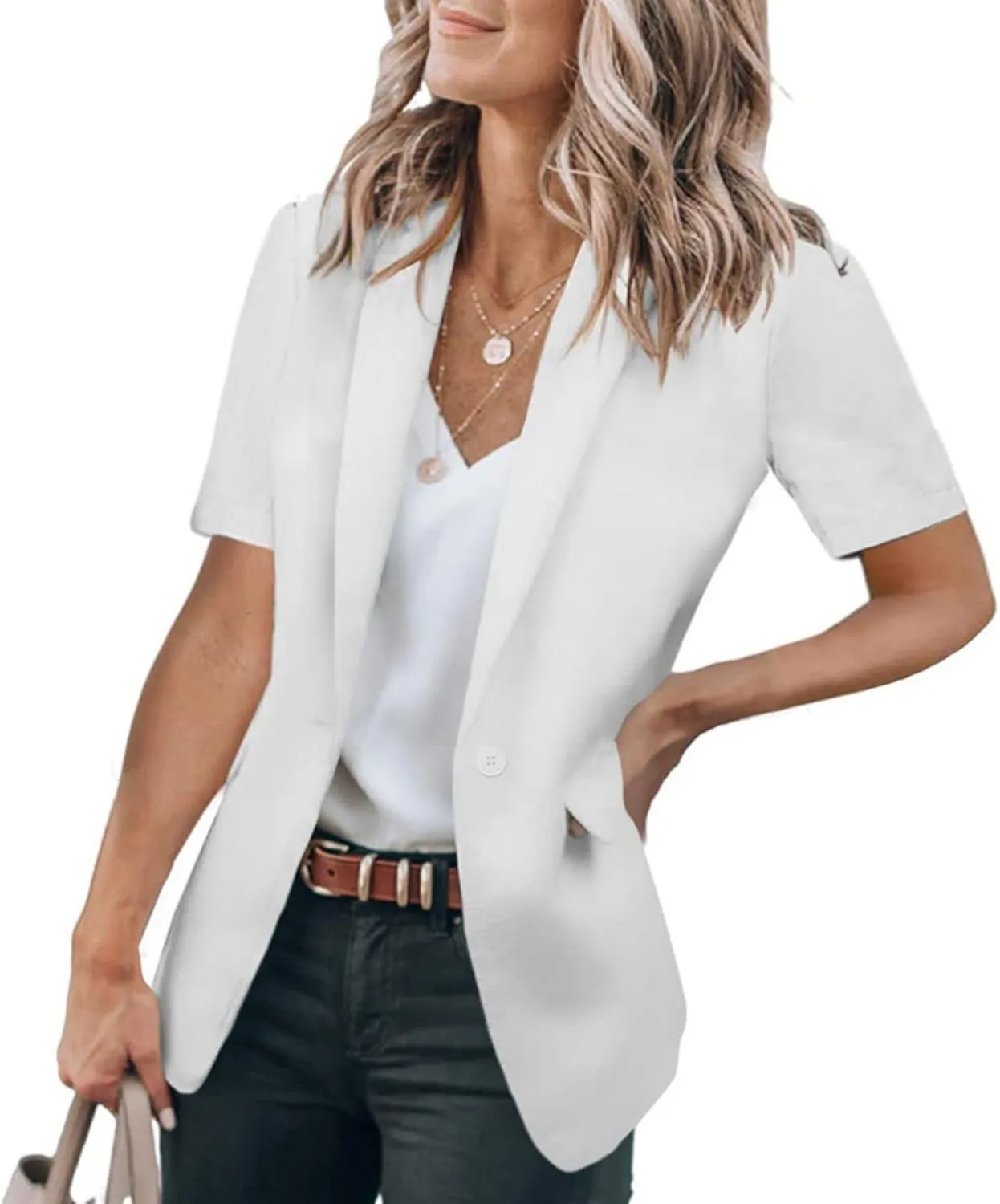 Short Sleeve Blazers for Women Lapel Open Front Office Blazers One Button Casual Summer Blazer Business Suits