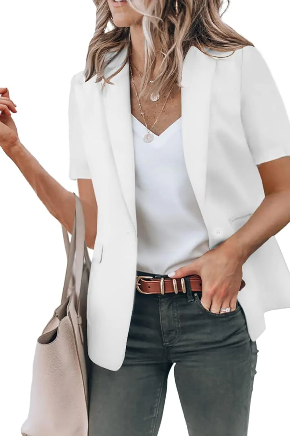 Short Sleeve Blazers for Women Lapel Open Front Office Blazers One Button Casual Summer Blazer Business Suits