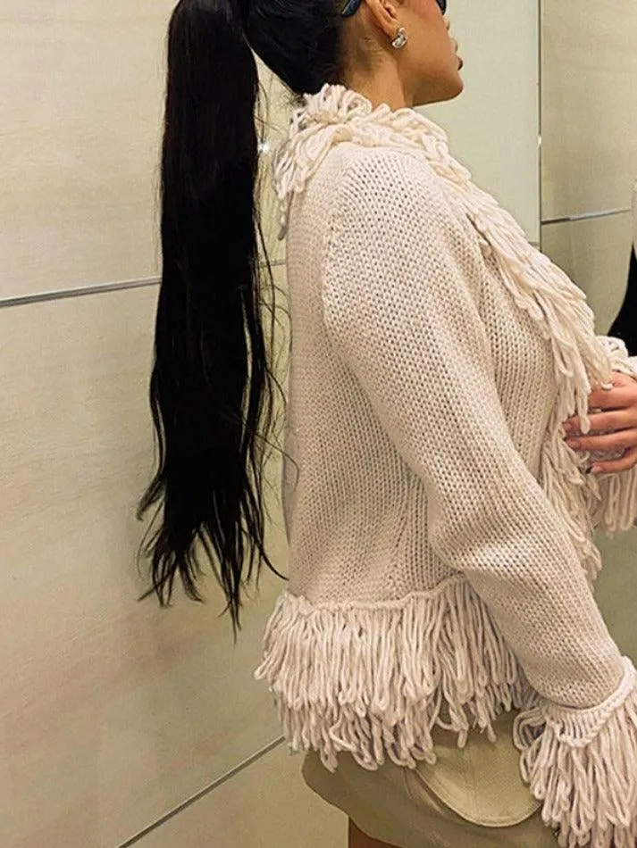 Solid Color Tassel Splice Cardigan