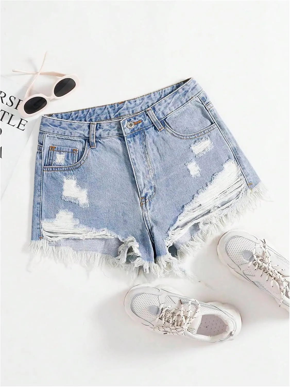 SOLY HUX Women's Ripped Jean Shorts Raw Hem Distressed Denim Shorts Streetwear