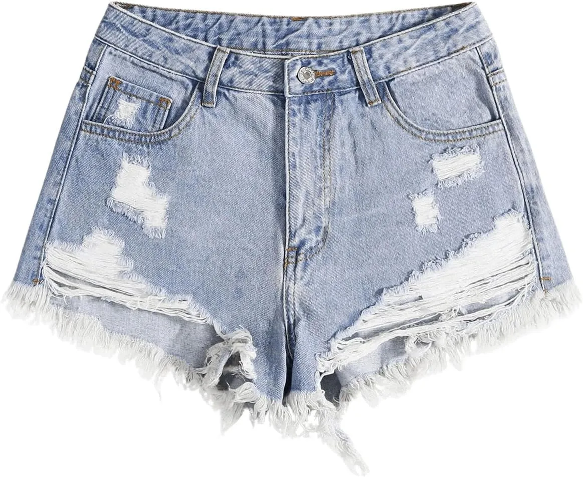 SOLY HUX Women's Ripped Jean Shorts Raw Hem Distressed Denim Shorts Streetwear