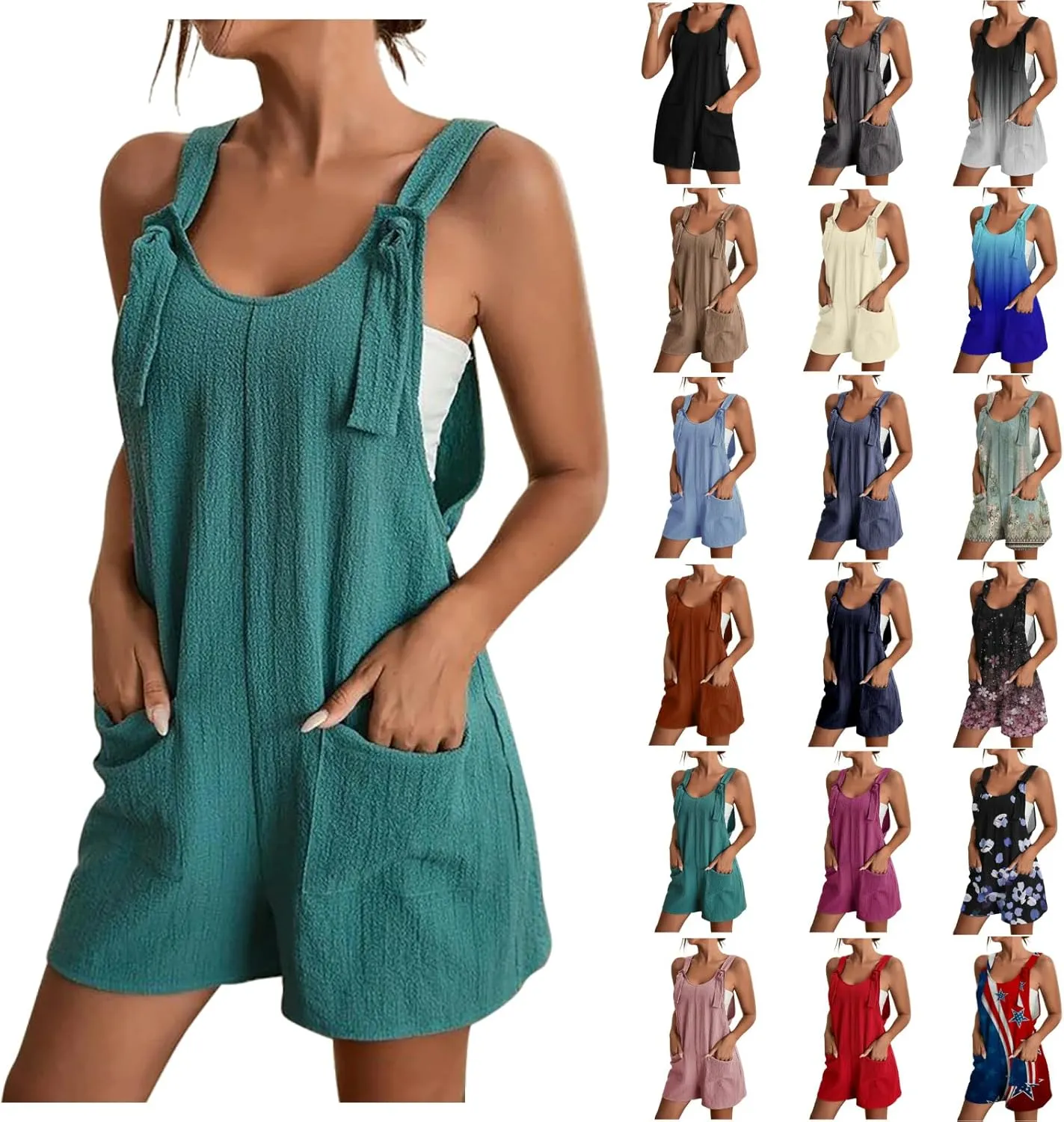 Summer Jumpsuits for Women 2025 Casual Sleeveless Short Overalls Loose Fit Adjustable Straps Rompers with Pockets