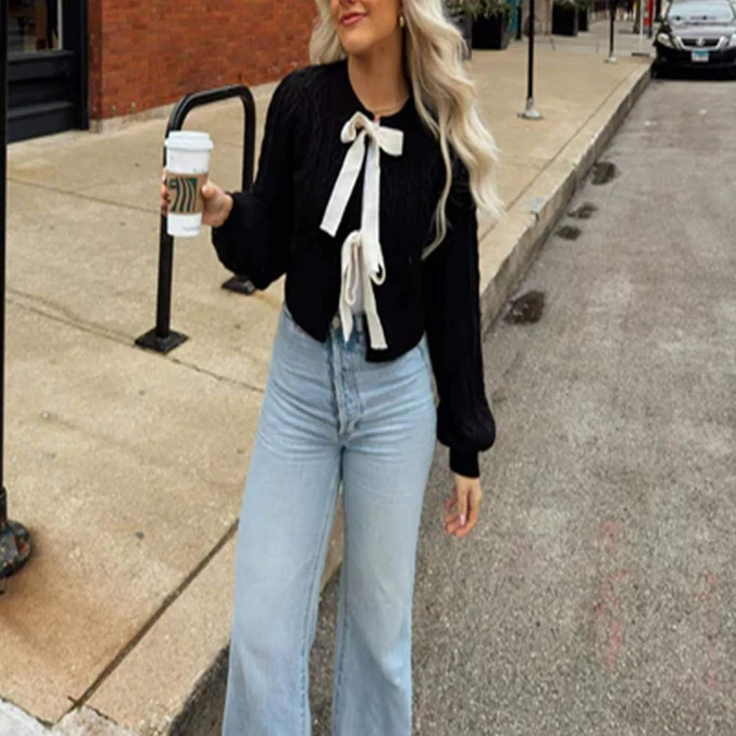 Tie Front Cardigan Sweaters for Women Cute Knit Long Sleeve Bow Tie Crop Blouse Top Y2K Cable Knit Ribbon Lace Up Sweater