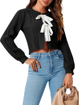 Tie Front Cardigan Sweaters for Women Cute Knit Long Sleeve Bow Tie Crop Blouse Top Y2K Cable Knit Ribbon Lace Up Sweater